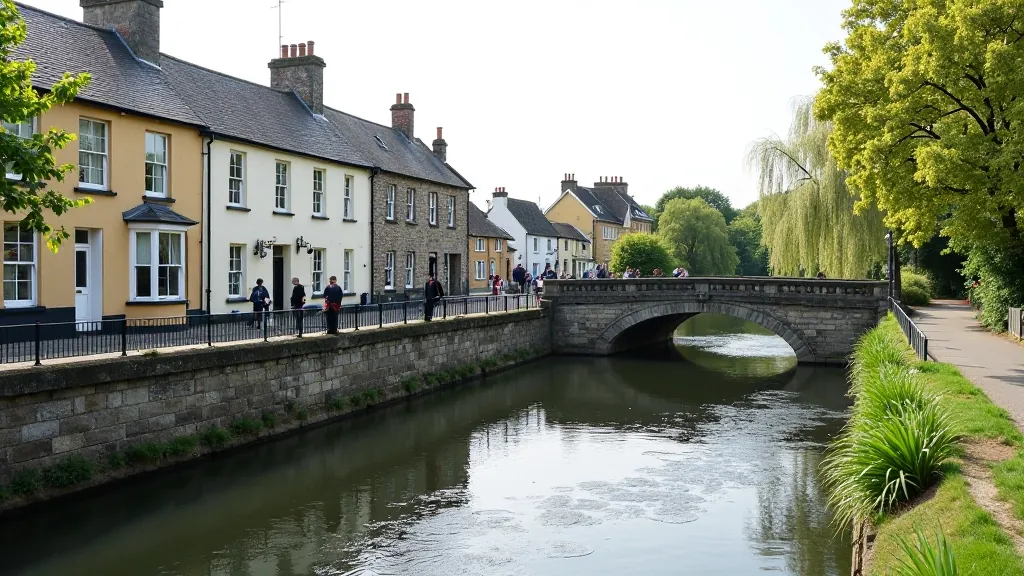 Bagenalstown riverside with bridge and town buildings
