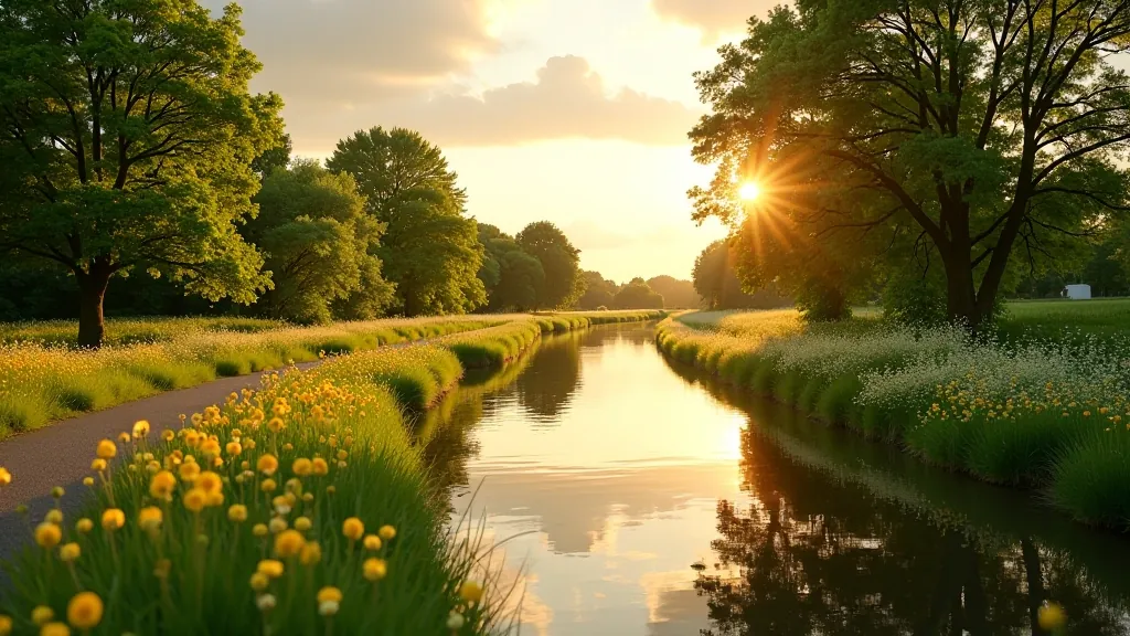 Scenic view of the Barrow towpath with wildflowers, water, and trees stretching into distance