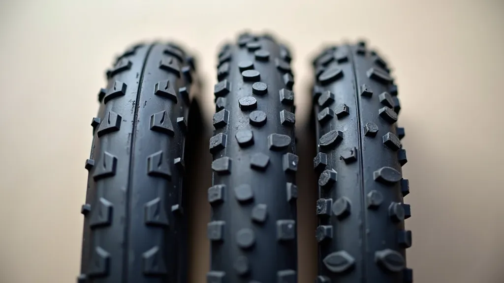 Different types of bicycle tires showing tread patterns suitable for canal towpath riding