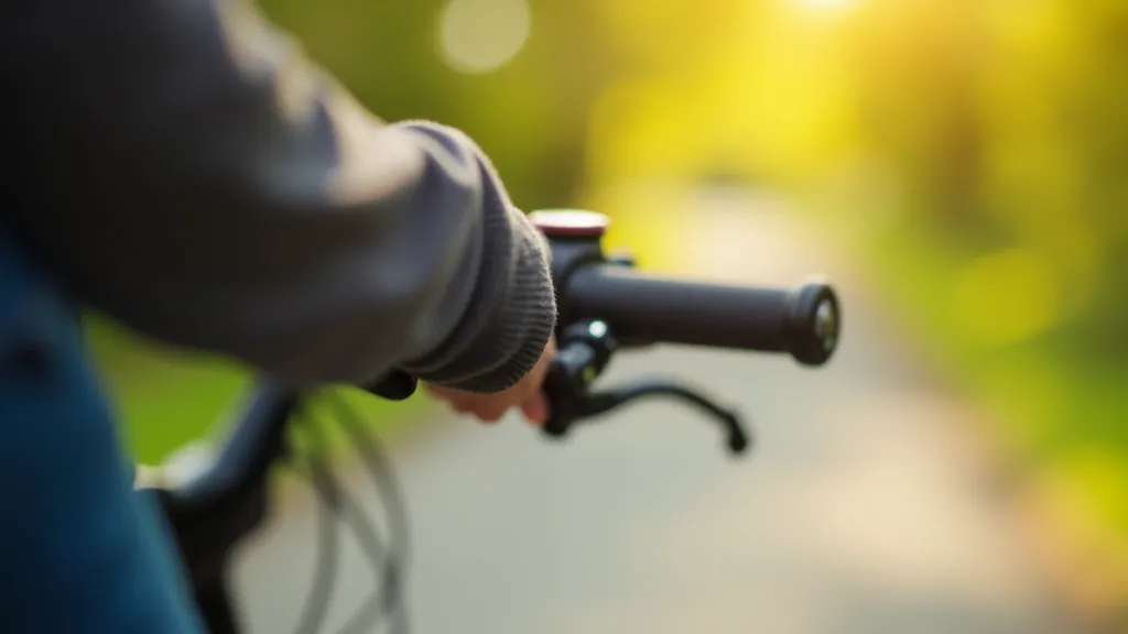 Cyclist's hands on handlebars during a leisurely ride, casual outdoor setting, natural daylight