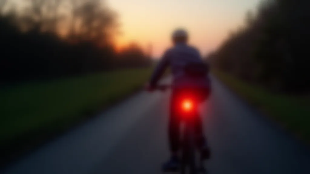 Bright bicycle front and rear lights mounted on a bike, photographed at dusk