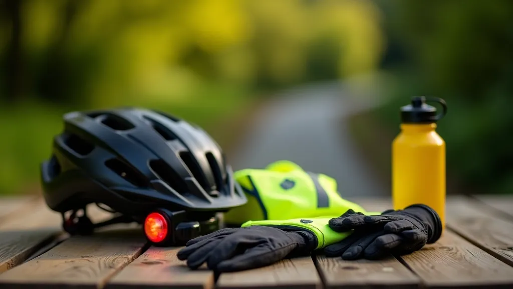 Close-up of cycling safety equipment including helmet, lights, and reflective gear on a table