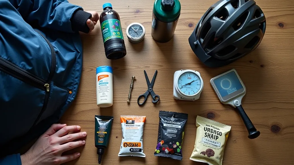 Cycling gear and essentials laid out including water bottle, repair kit, and safety equipment