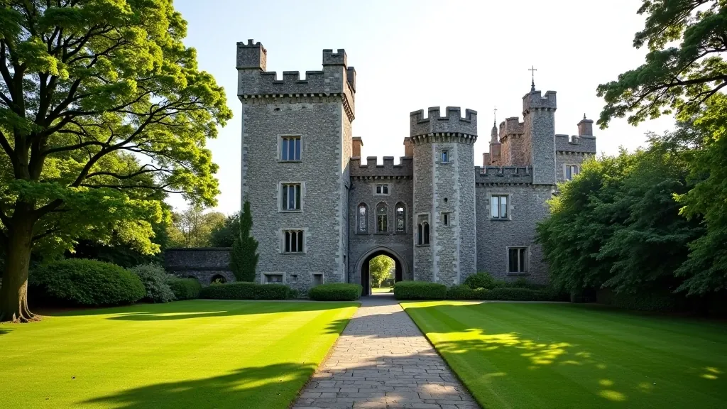 Historic Kilkenny Castle entrance with manicured lawns and medieval stone fortifications