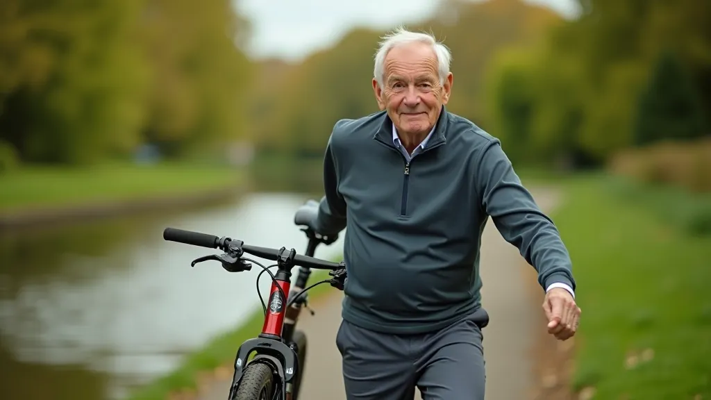 Older cyclist stretching after a ride near a canal, relaxed posture, natural outdoor setting