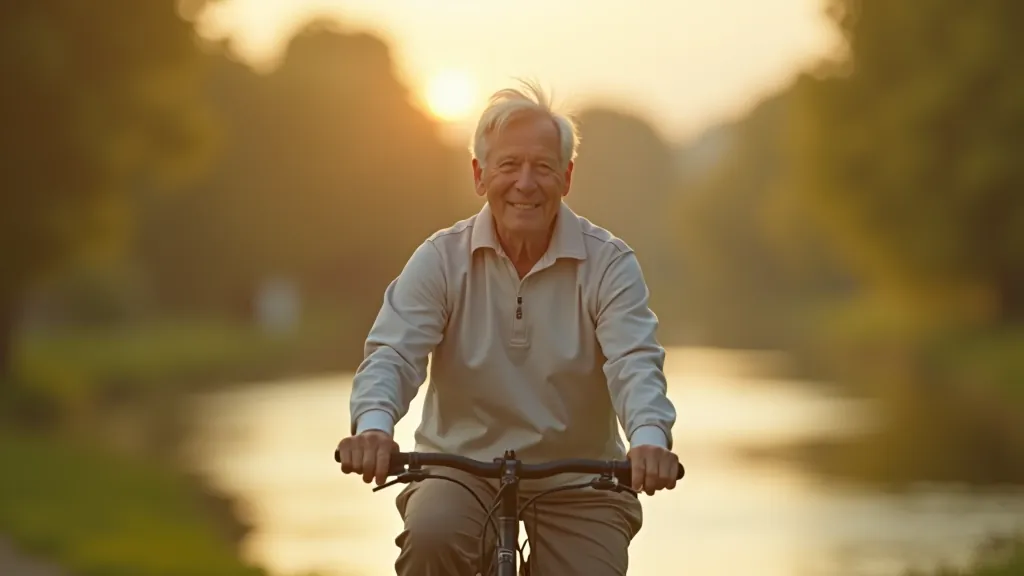 Older cyclist riding on a peaceful canal towpath at dawn, sunlight reflecting off water, calm peaceful setting