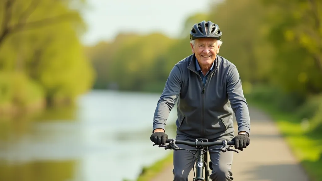 Senior cyclist riding confidently on a sunny canal towpath, happy expression, scenic water view