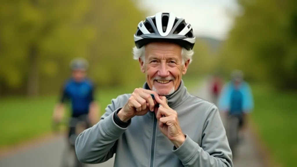 Close-up of cyclist adjusting and securing a helmet strap under chin with proper fit
