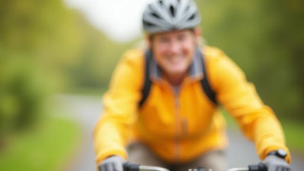 Older cyclist in bright colored jacket and helmet preparing for a towpath ride