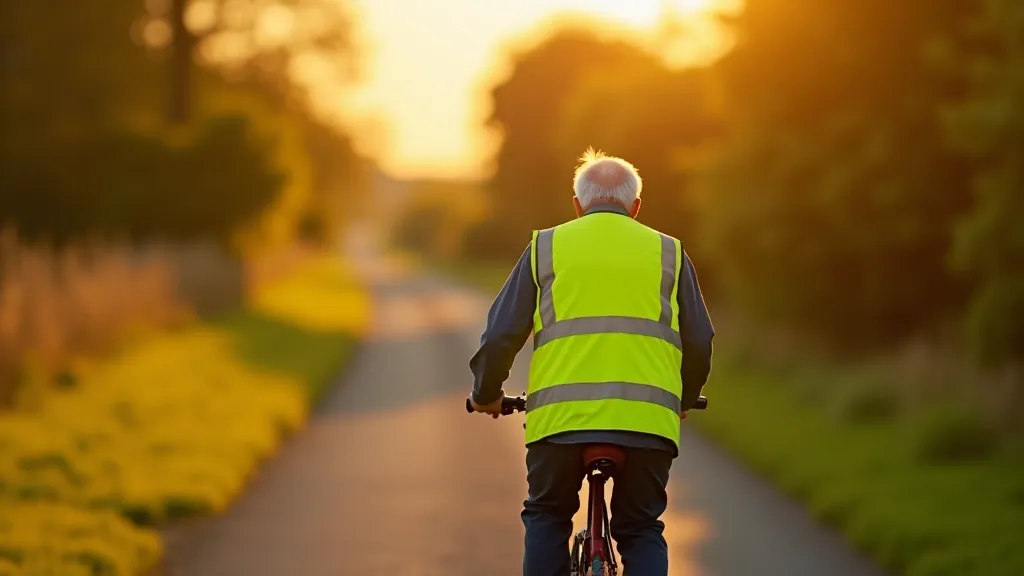 Cyclist wearing bright yellow and orange reflective safety vest while riding on a canal towpath
