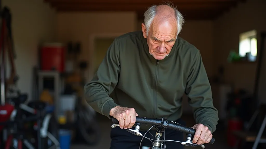Cyclist performing basic bike maintenance check on tires and brakes in home garage