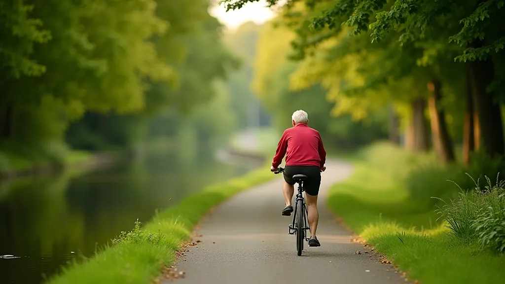 Older adult cycling on a towpath with green trees and calm water visible