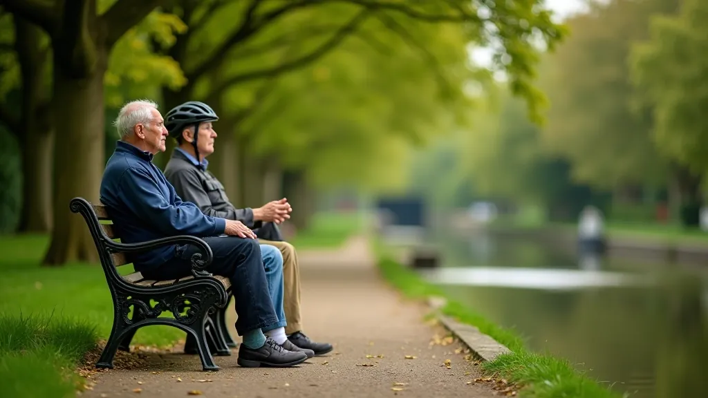 Two older adults taking a break during a cycling trip, sitting on a bench with water and trees behind them