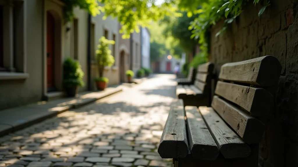 Wooden park bench on quiet street corner with historic buildings, dappled shade from trees, peaceful setting